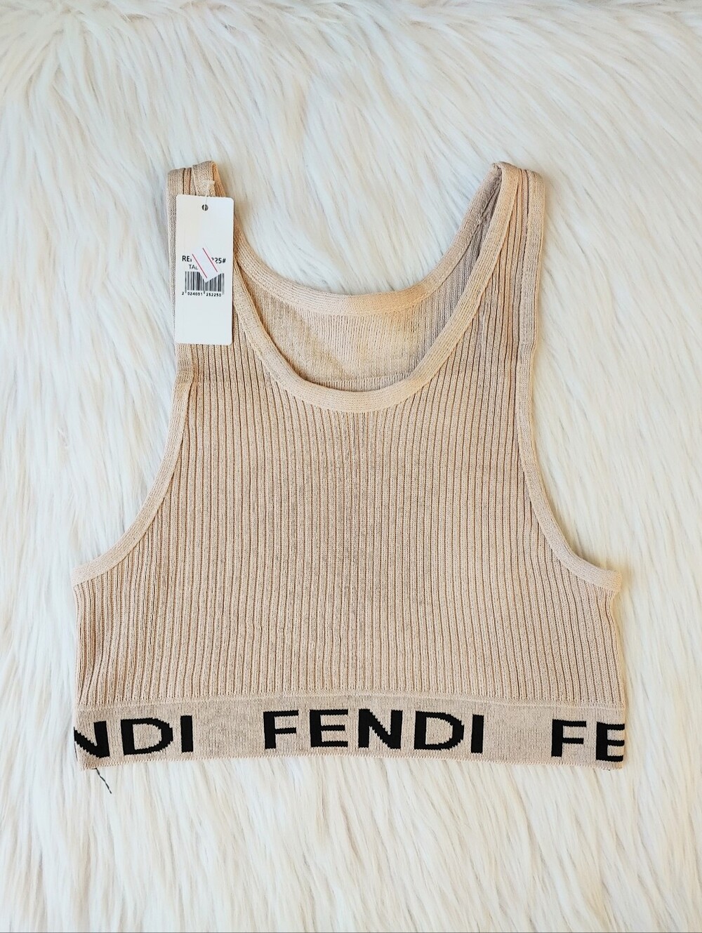 Fendi Light Beige & Black Halter-look Ribbed Knit Crop Tank Top w/ Logo S/M S M